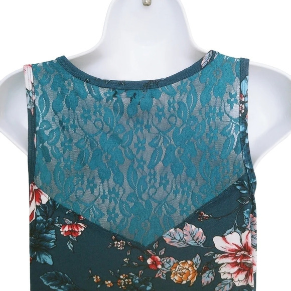 Lily Morgan Floral Teal Top  with Lace Back S - Picture 7 of 9